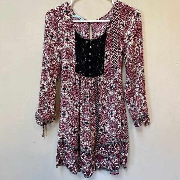 Maurices Dresses & Skirts - Maurices Women’s Burgundy Bohemian Floral Print 3/4 Sleeve Tie Back Mini Dress M